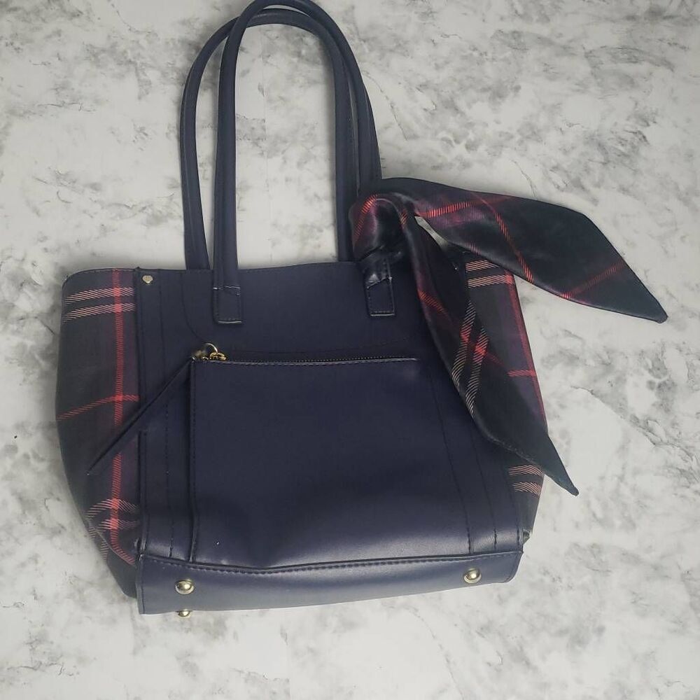 London Fog Navy Blue with Plaid Ribbon Bag